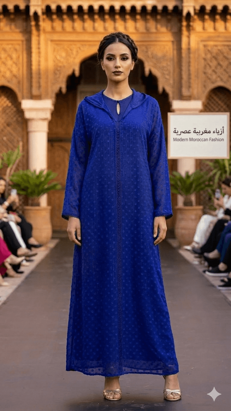 "نيلي" en bleu avec une robe à pois Jewel et une couture randa élégante