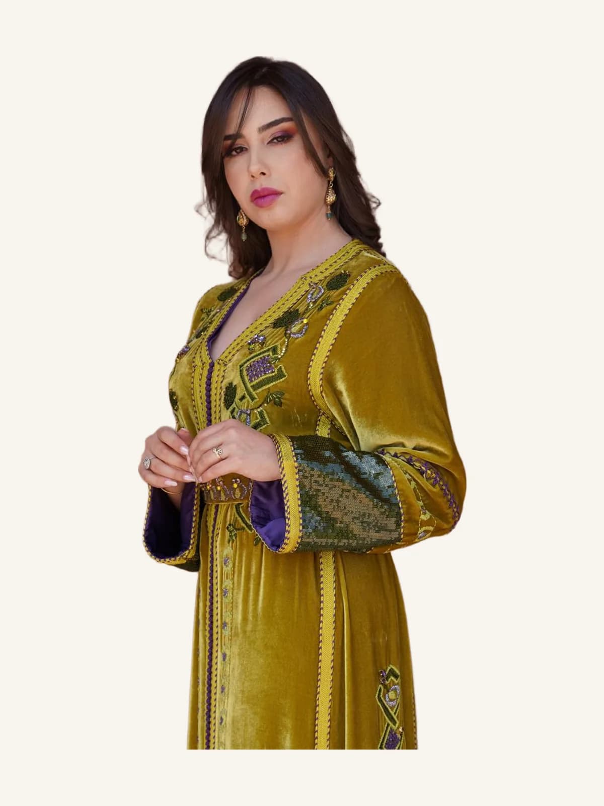 Apple Green Velvet & Violet Silk Caftan - Hand Embroidered and Beaded