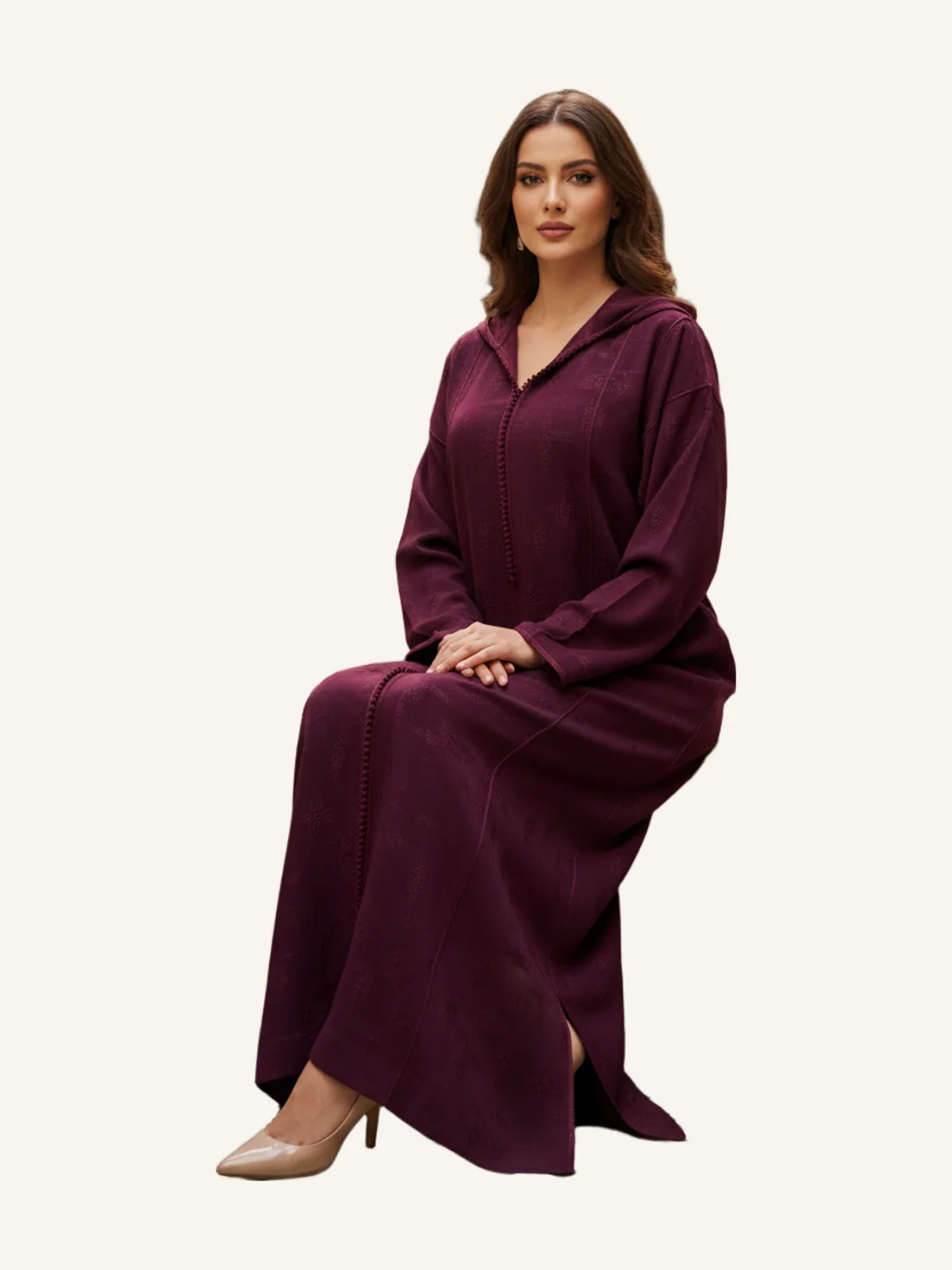 Djellaba with Bordeaux kmis in satin jacquard crepe