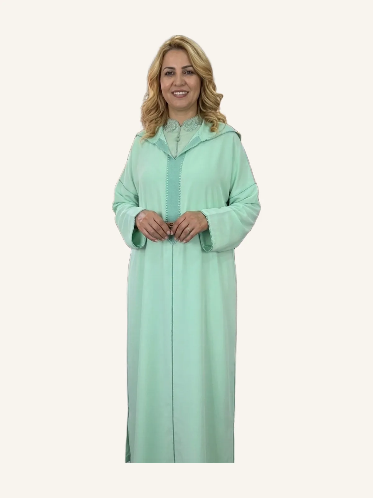 Pistachio green crepe Djellaba with embroidered mousseline kmiss