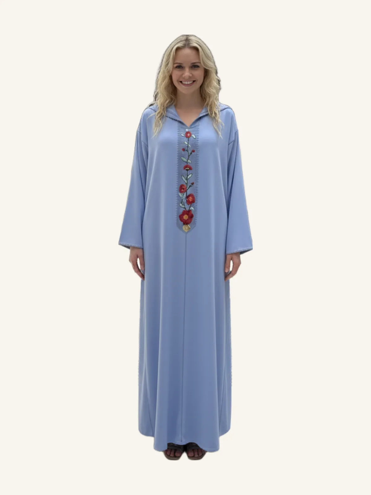 Sky Blue Crepe Djellaba with Randa Style and Embroidery