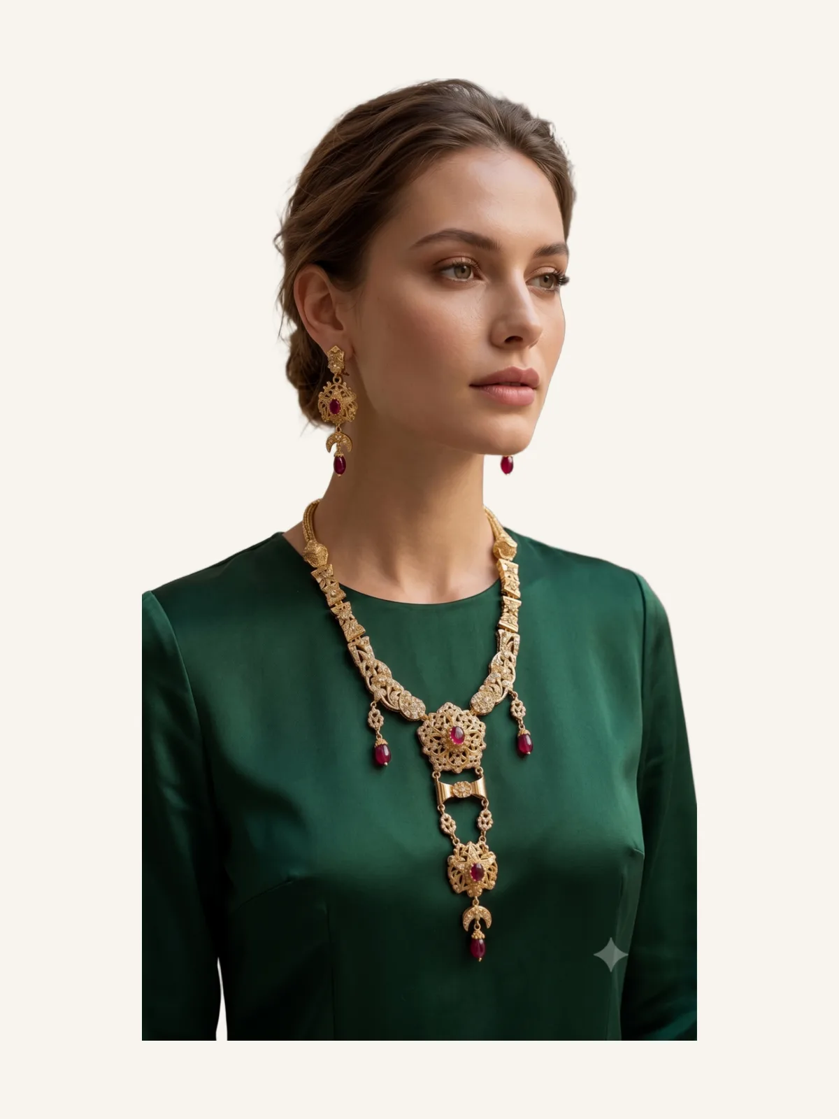 Tangui Beldi Set in Rhodium Silver Gold-Plated with Fine Gold & Rubies - Necklace & Earrings