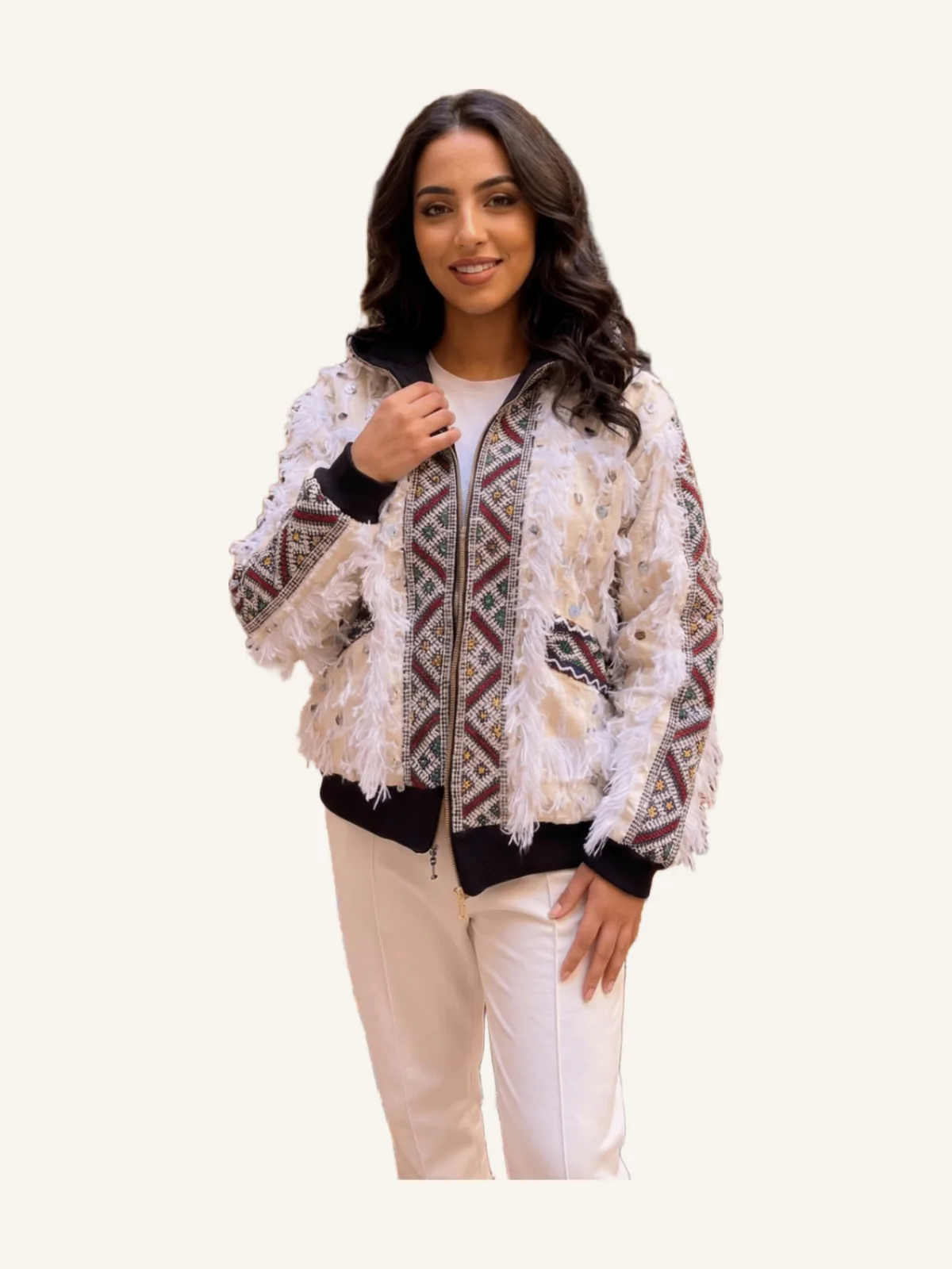 Veste "Sahara" Blanc Crème – 100% Laine de Mouton Tissée Main